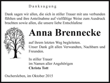 Traueranzeige von Anna Brennecke  von Magdeburger Volksstimme