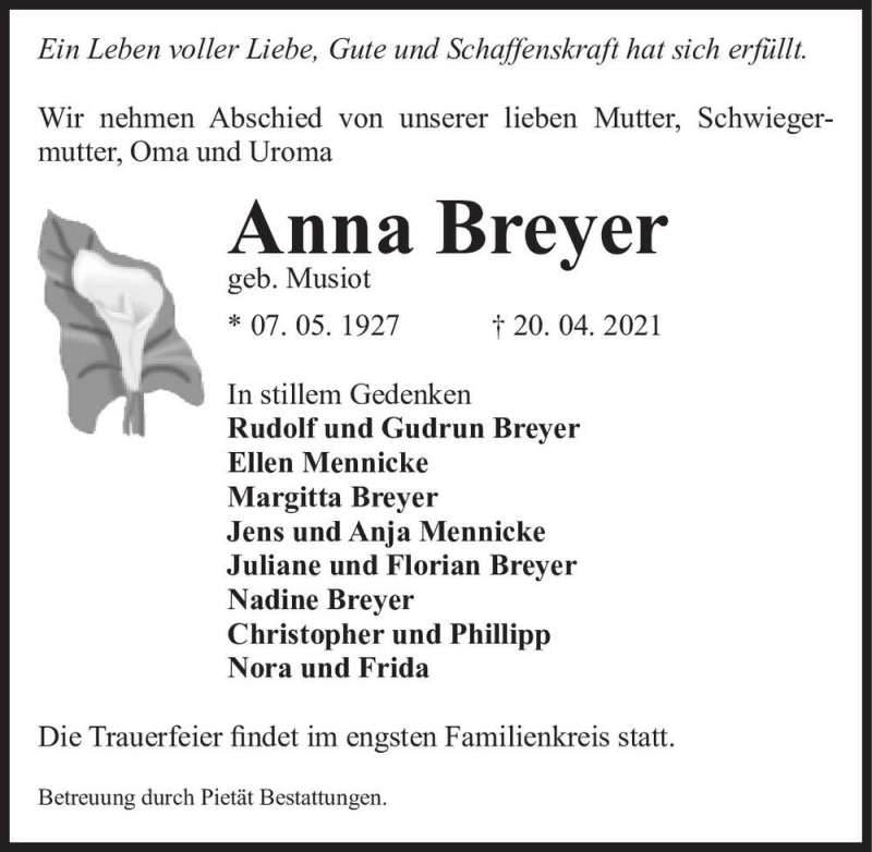  Traueranzeige für Anna Breyer (geb. Musiot)  vom 08.05.2021 aus Magdeburger Volksstimme