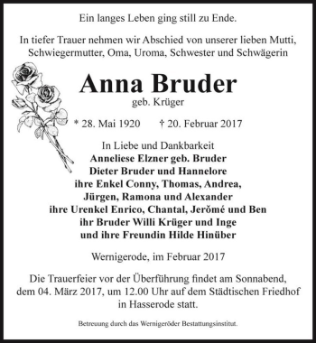 Traueranzeige von Anna Bruder (geb. Krüger)  von Magdeburger Volksstimme