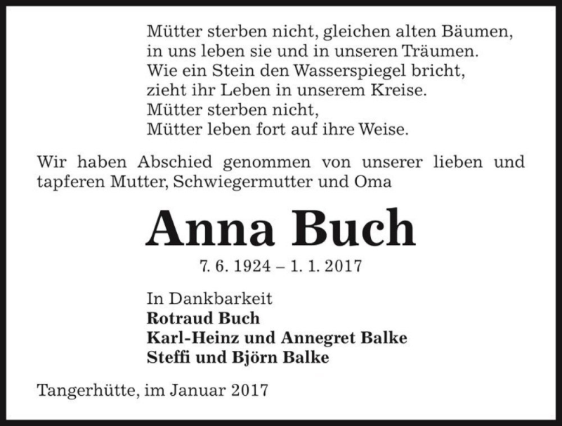  Traueranzeige für Anna Buch  vom 17.01.2017 aus Magdeburger Volksstimme