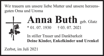 Traueranzeige von Anna Buth (geb. Glatz)  von Magdeburger Volksstimme