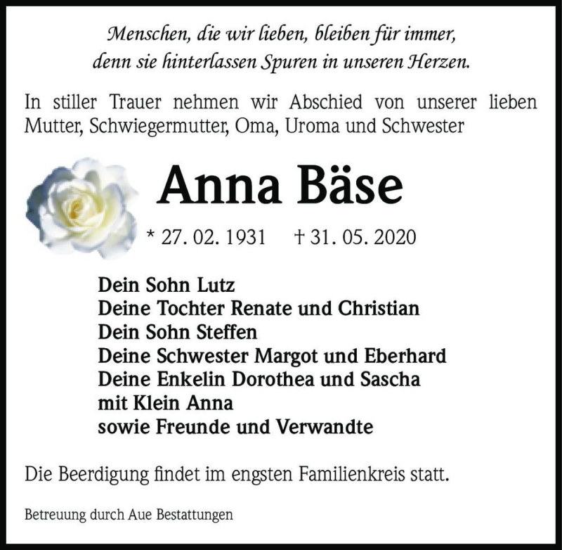  Traueranzeige für Anna Bäse  vom 06.06.2020 aus Magdeburger Volksstimme
