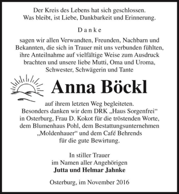 Traueranzeige von Anna Böckl  von Magdeburger Volksstimme