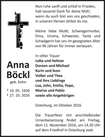 Traueranzeige von Anna Böckl (geb. Kohn)  von Magdeburger Volksstimme