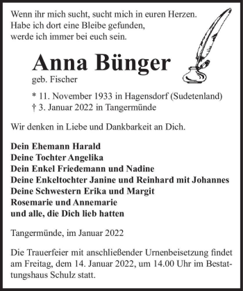Traueranzeige von Anna Bünger (geb. Fischer)  von Magdeburger Volksstimme