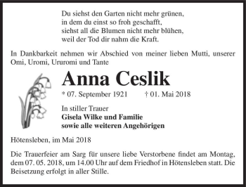 Traueranzeige von Anna Ceslik  von Magdeburger Volksstimme