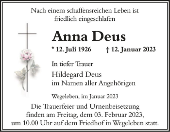 Traueranzeige von Anna Deus  von Magdeburger Volksstimme