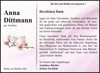 Traueranzeige von Anna Dittmann (geb. Steckhan)  von Magdeburger Volksstimme