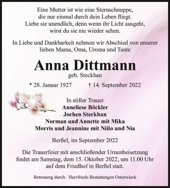 Traueranzeige von Anna Dittmann (geb. Steckhan)  von Magdeburger Volksstimme