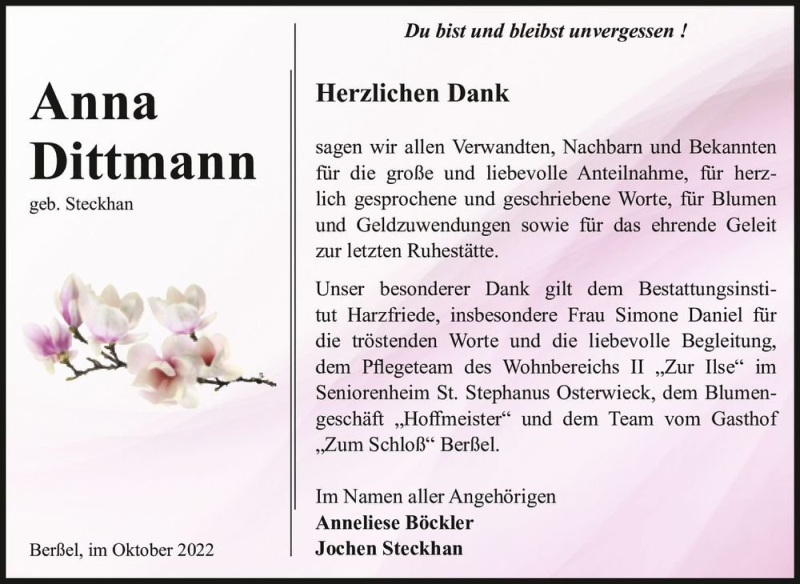  Traueranzeige für Anna Dittmann (geb. Steckhan)  vom 22.10.2022 aus Magdeburger Volksstimme