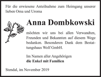 Traueranzeige von Anna Dombkowski  von Magdeburger Volksstimme