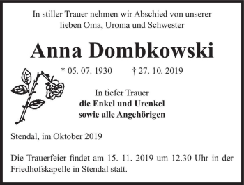 Traueranzeige von Anna Dombkowski  von Magdeburger Volksstimme
