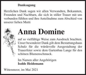 Traueranzeige von Anna Domine  von Magdeburger Volksstimme