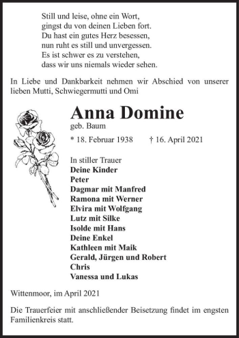 Traueranzeige von Anna Domine (geb. Baum)  von Magdeburger Volksstimme
