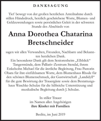 Traueranzeige von Anna Dorothea Chatarina Bretschneider  von Magdeburger Volksstimme