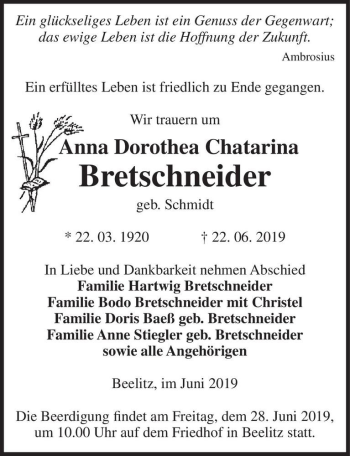Traueranzeige von Anna Dorothea Chatarina Bretschneider (geb. Schmidt)  von Magdeburger Volksstimme