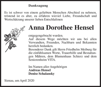Traueranzeige von Anna Dorothee Hensel  von Magdeburger Volksstimme