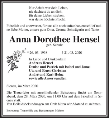 Traueranzeige von Anna Dorothee Hensel (geb. Schulz)  von Magdeburger Volksstimme