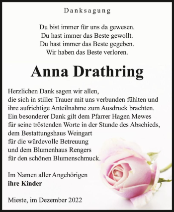 Traueranzeige von Anna Drathring  von Magdeburger Volksstimme