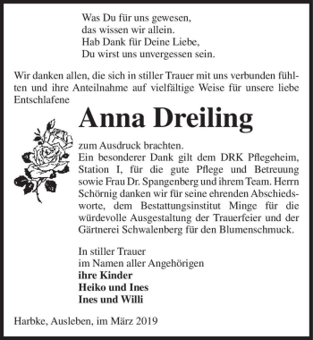 Traueranzeige von Anna Dreiling  von Magdeburger Volksstimme