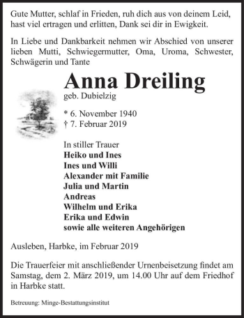 Traueranzeige von Anna Dreiling (geb. Dubielzig)  von Magdeburger Volksstimme
