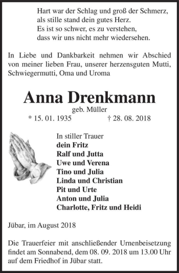 Traueranzeige von Anna Drenkmann (geb. Müller)  von Magdeburger Volksstimme