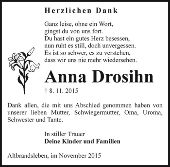 Traueranzeige von Anna Drosihn  von Magdeburger Volksstimme