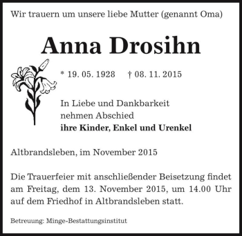 Traueranzeige von Anna Drosihn  von Magdeburger Volksstimme