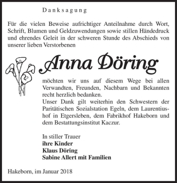 Traueranzeige von Anna Döring  von Magdeburger Volksstimme