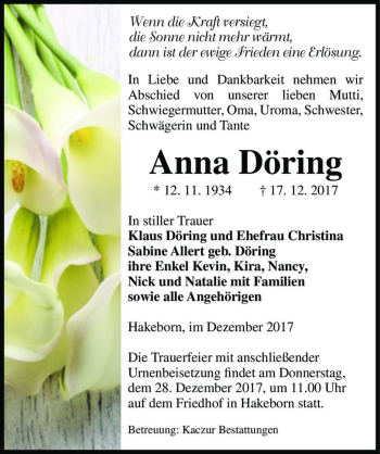 Traueranzeige von Anna Döring  von Magdeburger Volksstimme