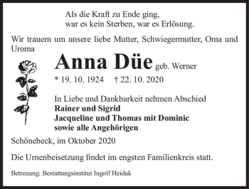 Traueranzeige von Anna Düe (geb. Werner)  von Magdeburger Volksstimme