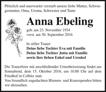 Traueranzeige von Anna Ebeling  von Magdeburger Volksstimme