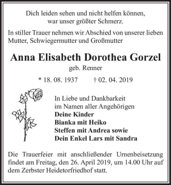 Traueranzeige von Anna Elisabeth Dorothea Gorzel (geb. Renner)  von Magdeburger Volksstimme