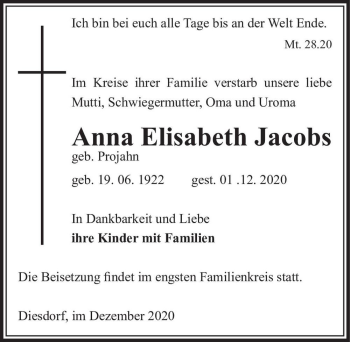 Traueranzeige von Anna Elisabeth Jacobs (geb. Projahn)  von Magdeburger Volksstimme