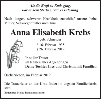 Traueranzeige von Anna Elisabeth Krebs (geb. Schneider)  von Magdeburger Volksstimme