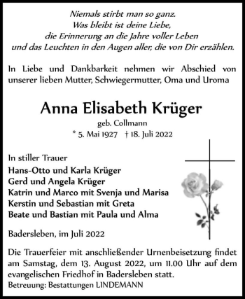 Traueranzeige von Anna Elisabeth Krüger (geb. Collmann)  von Magdeburger Volksstimme