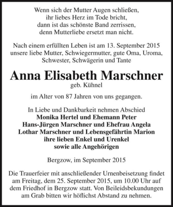 Traueranzeige von Anna Elisabeth Marschner (geb. Kühnel)  von Magdeburger Volksstimme