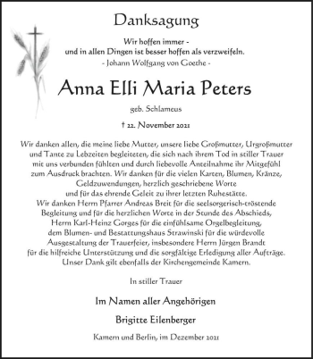 Traueranzeige von Anna Elli Maria Peters (geb. Schlameus)  von Magdeburger Volksstimme