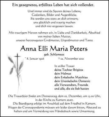 Traueranzeige von Anna Elli Maria Peters (geb. Schlameus)  von Magdeburger Volksstimme