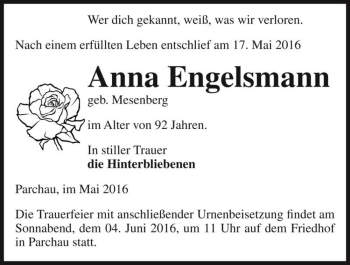 Traueranzeige von Anna Engelsmann (geb. Mesenberg)  von Magdeburger Volksstimme