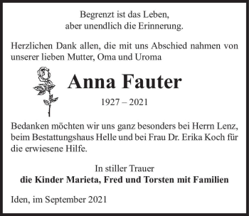 Traueranzeige von Anna Fauter  von Magdeburger Volksstimme