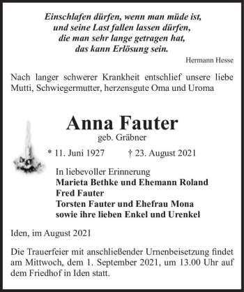 Traueranzeige von Anna Fauter (geb. Gräbner)  von Magdeburger Volksstimme