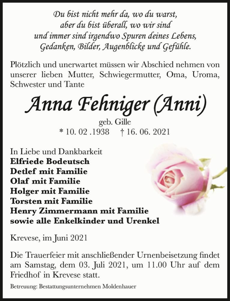  Traueranzeige für Anna Fehniger 