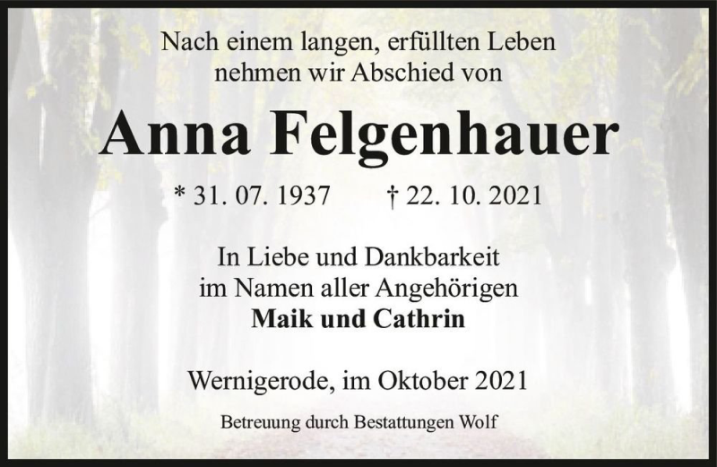Traueranzeigen von Anna Felgenhauer www.abschiednehmen.de