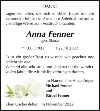 Traueranzeige von Anna Fenner (geb. Skoda)  von Magdeburger Volksstimme