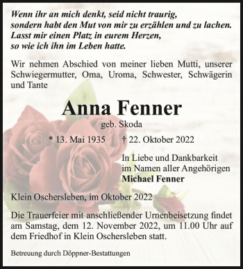 Traueranzeige von Anna Fenner (geb. Skoda)  von Magdeburger Volksstimme