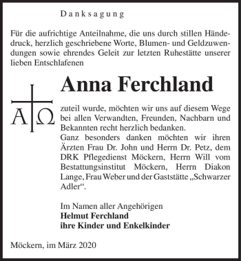 Traueranzeige von Anna Ferchland  von Magdeburger Volksstimme