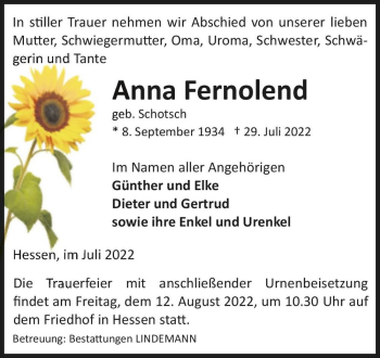Traueranzeige von Anna Fernolend (geb. Schotsch)  von Magdeburger Volksstimme