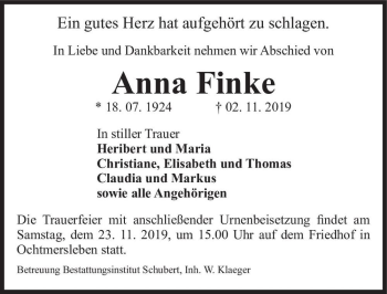 Traueranzeige von Anna Finke  von Magdeburger Volksstimme