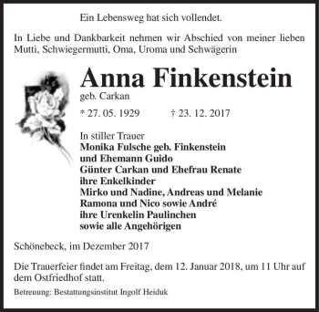 Traueranzeige von Anna Finkenstein (geb. Carkan)  von Magdeburger Volksstimme
